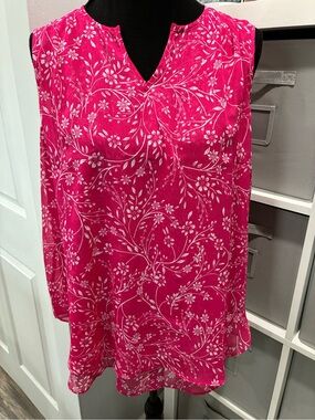Cristina B Hot Pink & White Floral Notch-Neck Tank